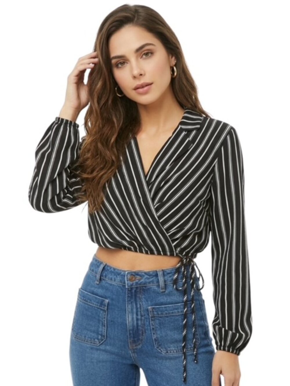 Mustard Medium Seed Surplice Long Sleeve Crop Top